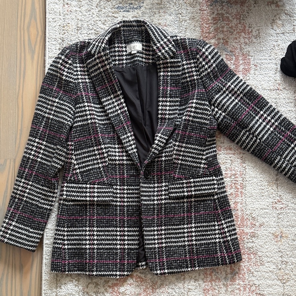 LOFT Black and White Plaid Blazer with Pink Accents